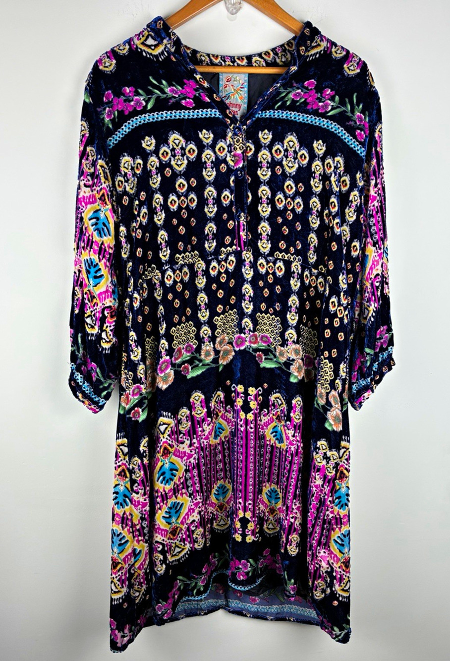 Johnny Was M Silk Blend Velvet Tunic Dress Boho Luxe Floral Ikat Artsy Festival